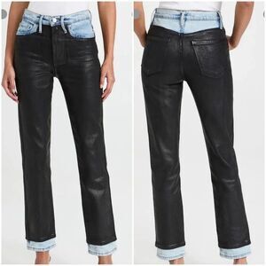 FRAME Le Sylvie Coated Combo Two-Tone Straight Leg Jeans Black Denim Size 28